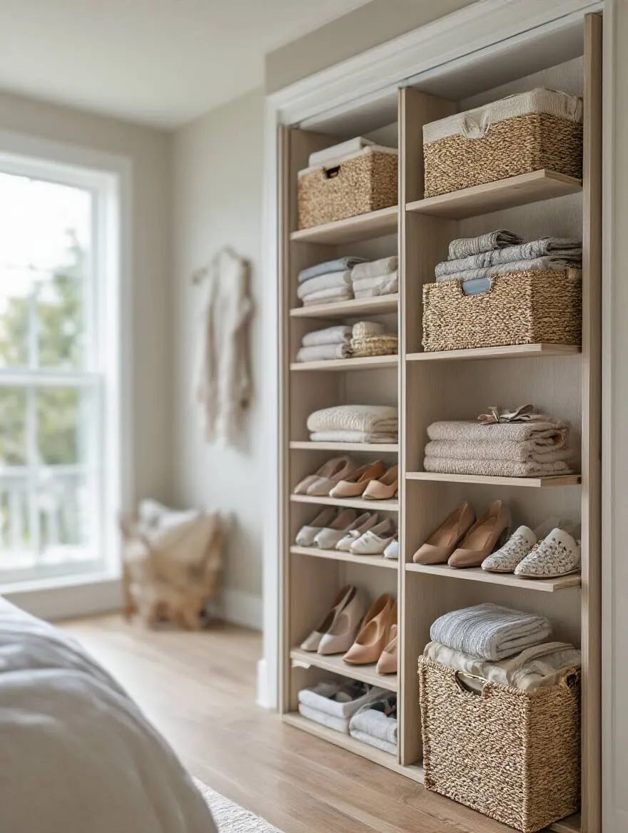 Stylish bedroom with over-door organizer displaying accessories and shoes.