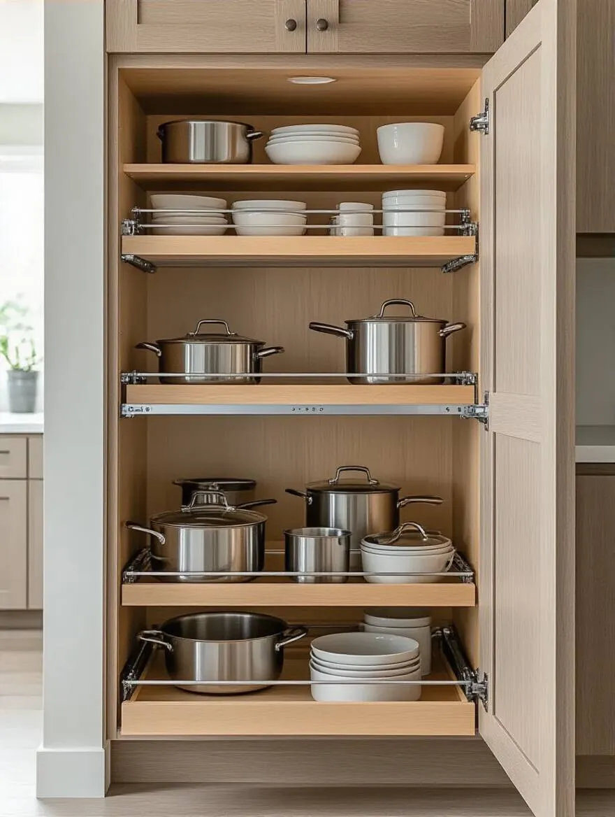 Deep kitchen cabinet with fully extended pull-out shelves showing organized cookware and kitchen items