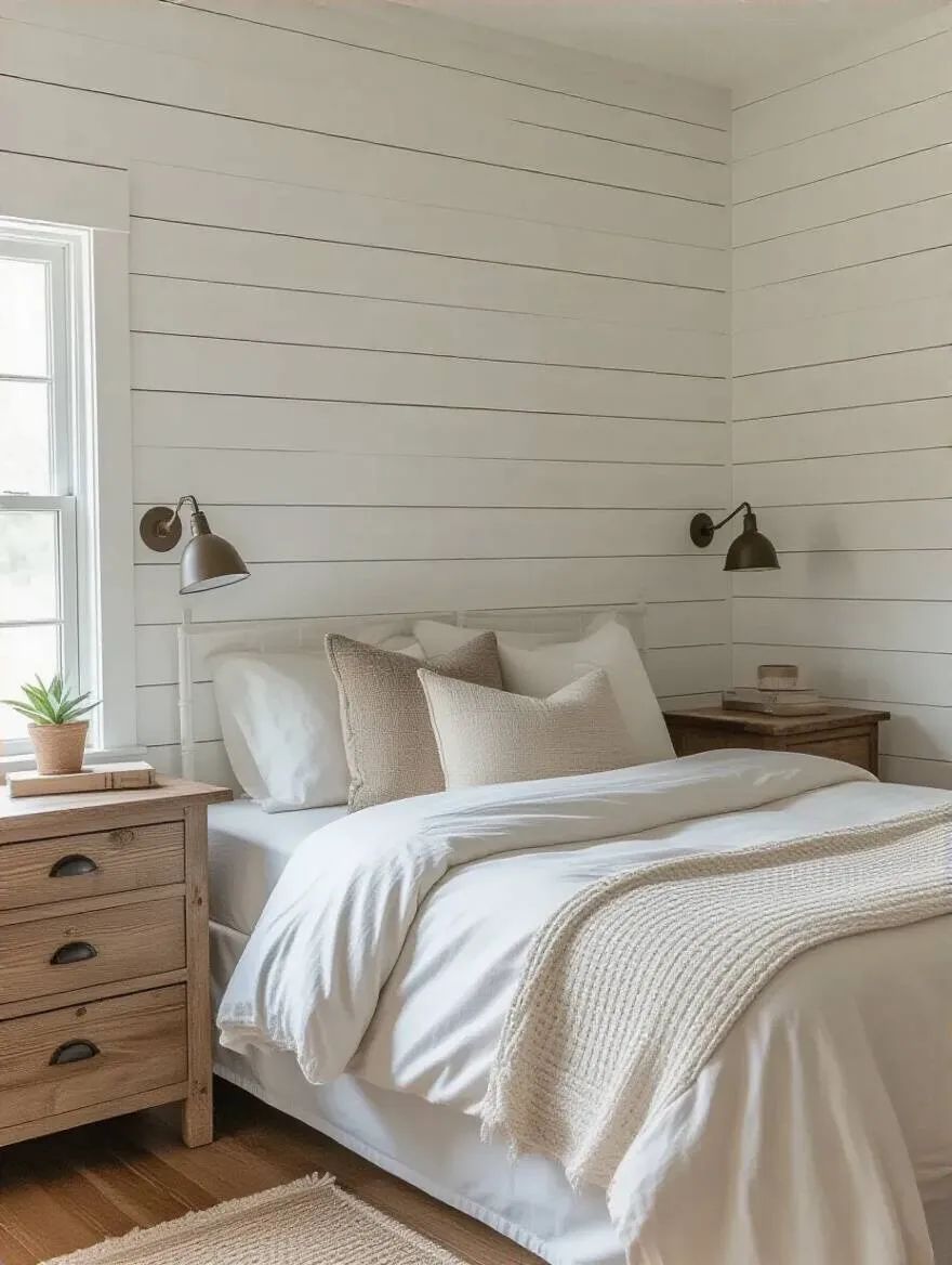Cozy farmhouse bedroom with white shiplap accent wall and rustic decor
