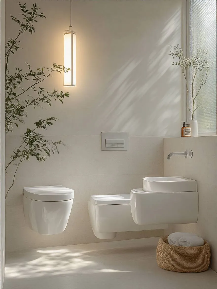 Minimalist bathroom featuring wall-mounted toilets and vanities