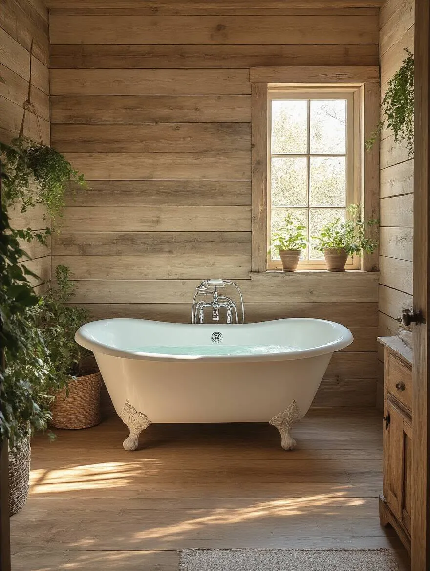 A rustic bathroom with a clawfoot tub and wooden decor.