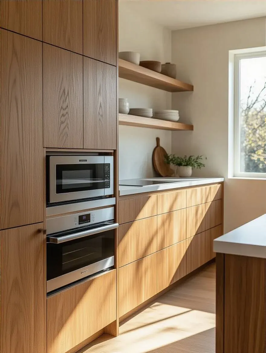 Wood kitchen island with integrated built-in appliances like microwave and warming drawer, showcasing sleek and functional design