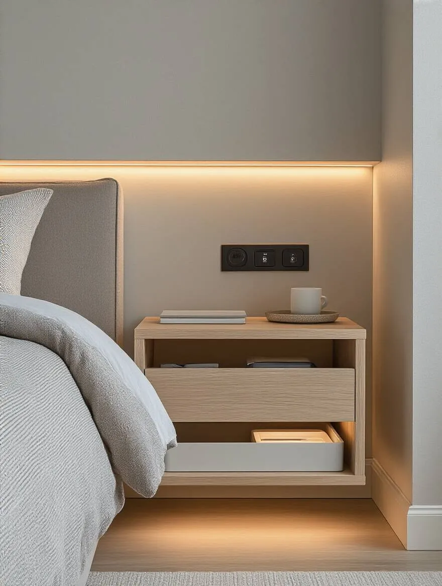 Modern master bedroom corner featuring clever bedside storage with hidden compartments and integrated charging ports