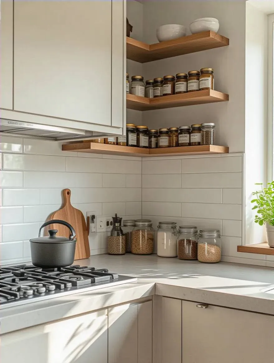 Modern kitchen corner with integrated floating corner shelving filled with organized spices and kitchen essentials