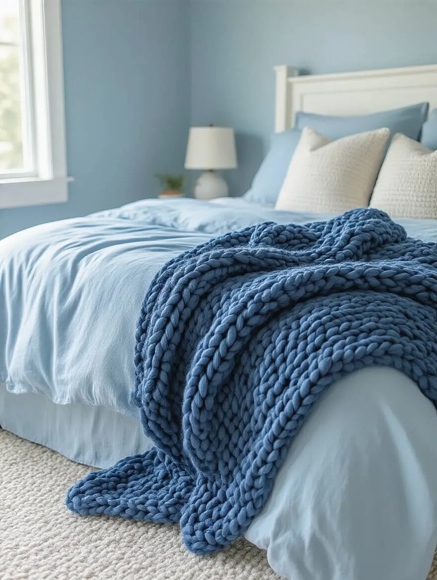 Blue bedroom corner with chunky knit navy blue throw draped over bed foot, showcasing cozy and stylish decor