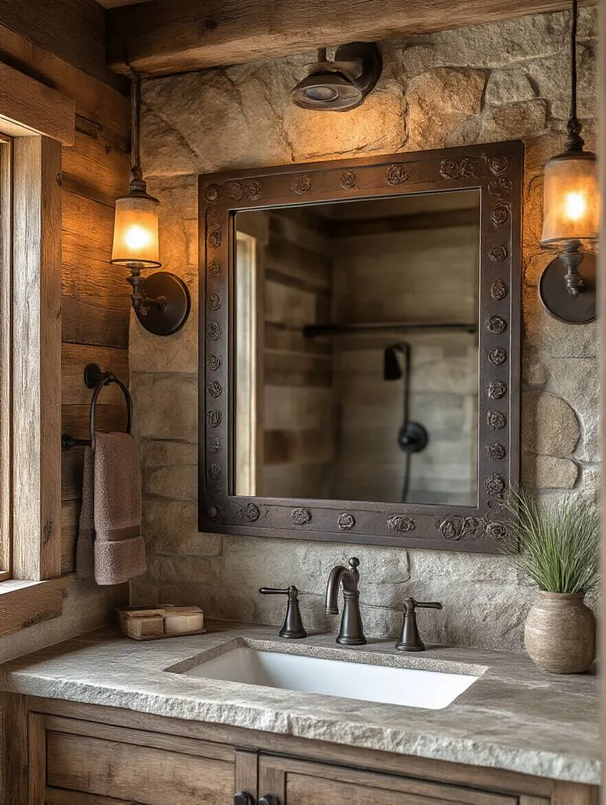Rustic bathroom with forged iron and bronze accents, showcasing a mirror frame and towel bars.