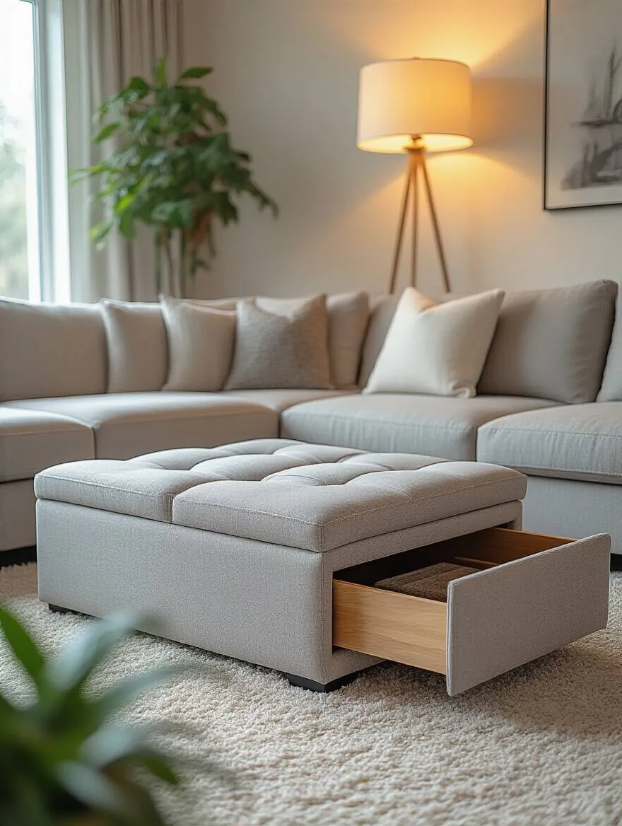 Multi-functional storage ottoman in modern living room with natural and warm lighting