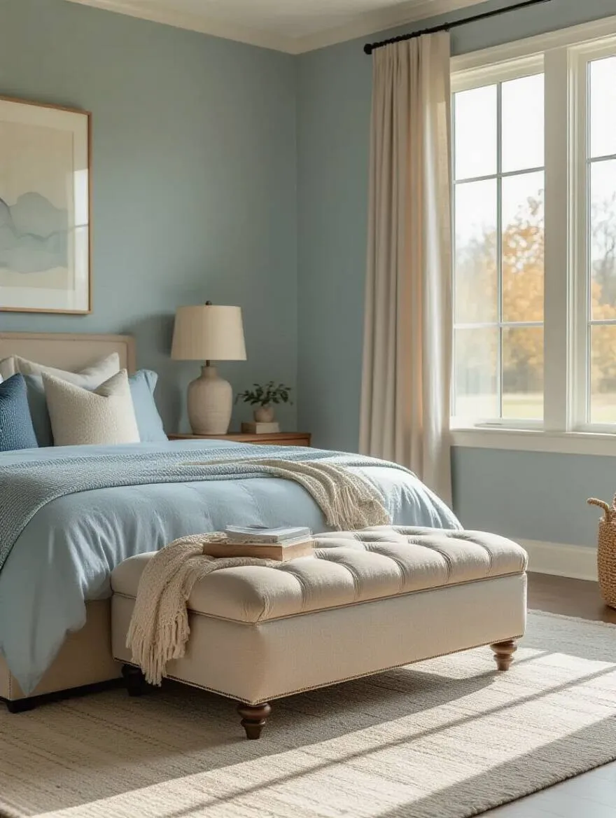 Elegant bedroom featuring an ottoman at the foot of the bed, designed for storage and seating.