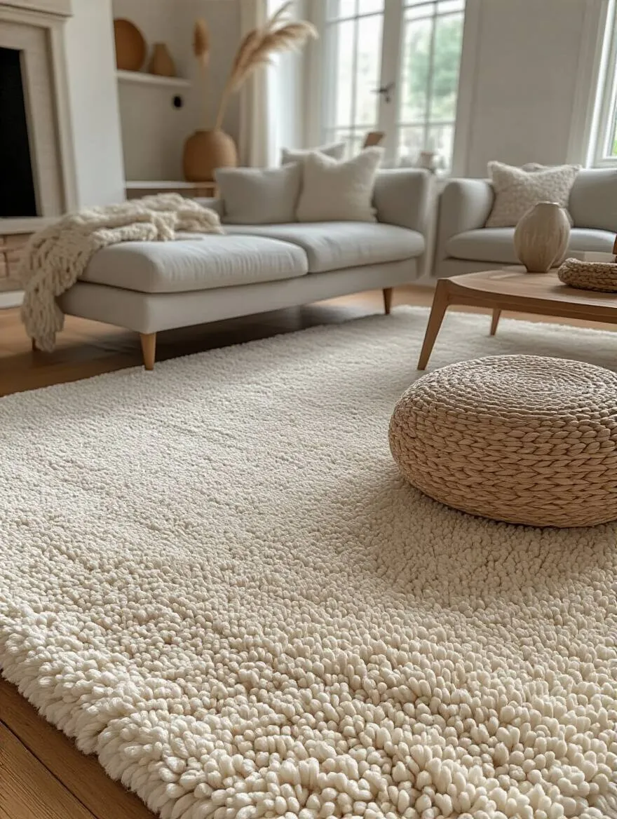 A living room with a cream rug that complements gray sofa and wooden furniture.