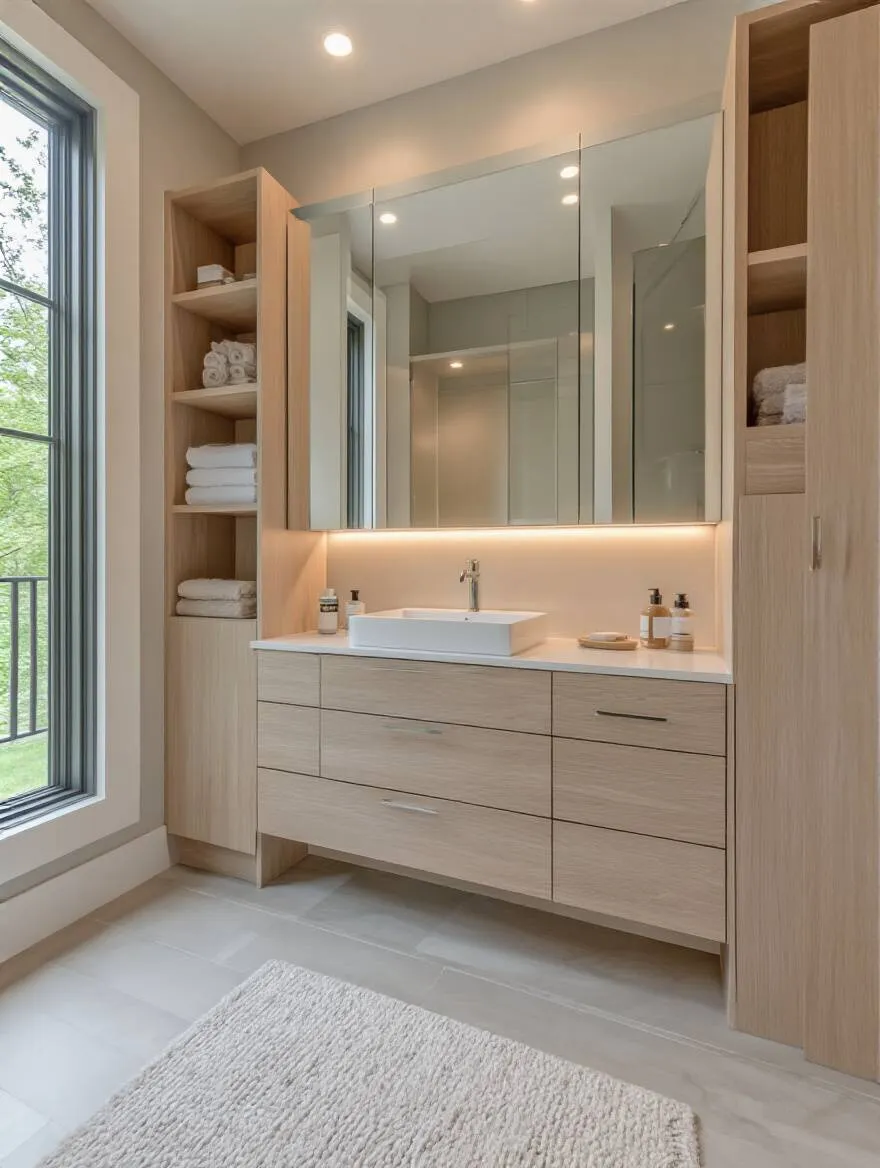 Small modern bathroom with smart storage solutions including mirrored medicine cabinet and floor-to-ceiling shelves, well-lit and clutter-free