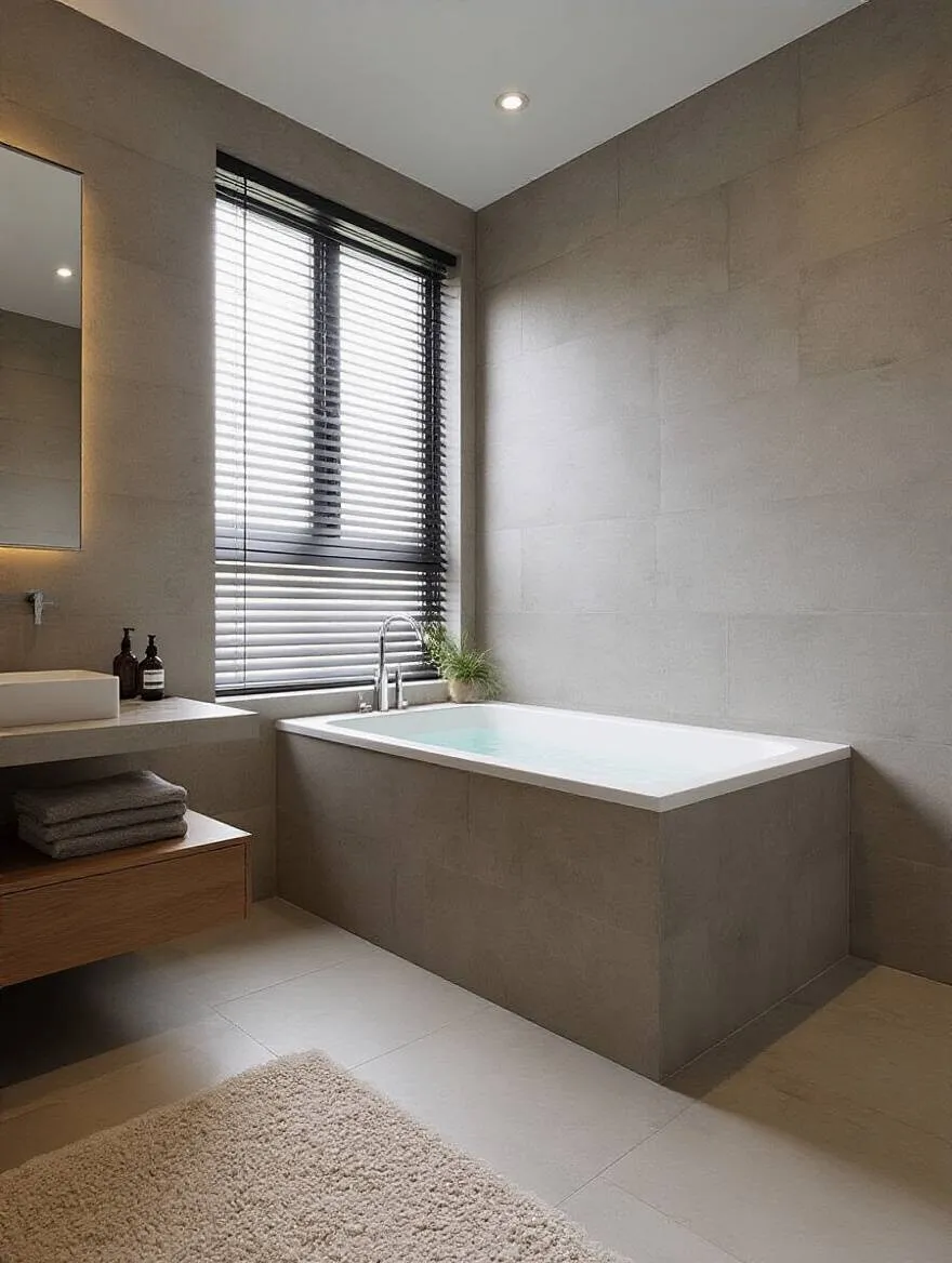 Modern bathroom featuring integrated smart technology including smart mirror, touchless faucet, automated lighting, and intelligent toilet