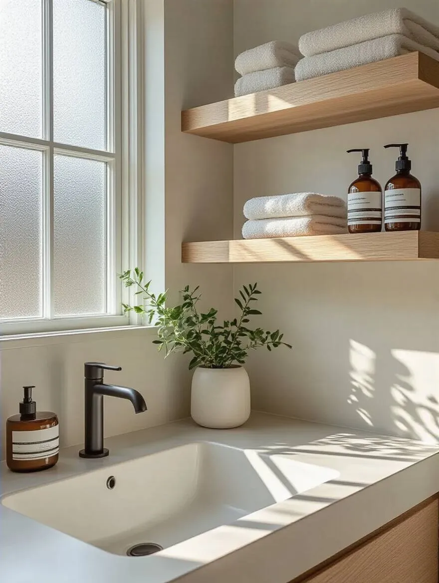 Minimalist bathroom with open shelving displaying curated toiletries and a plant