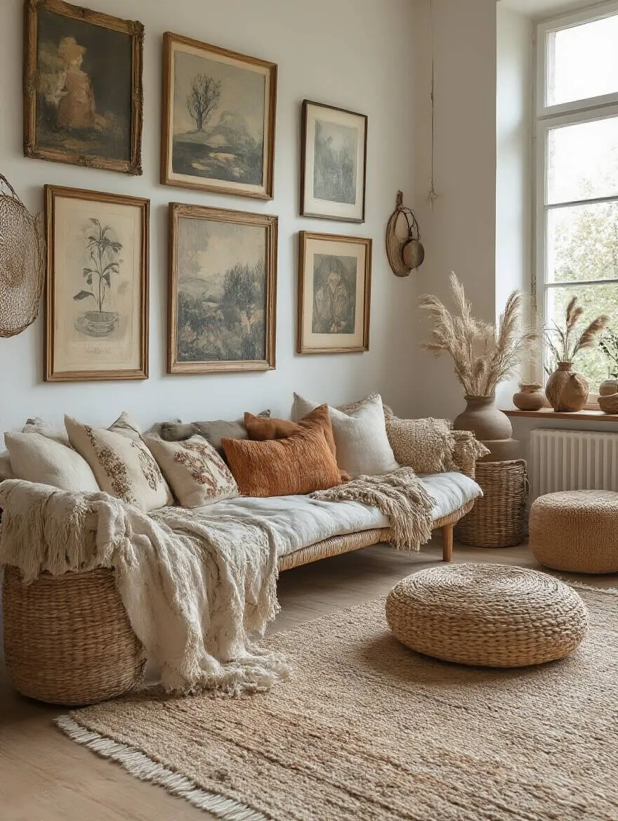 Bohemian living room with vintage artwork and eclectic decor