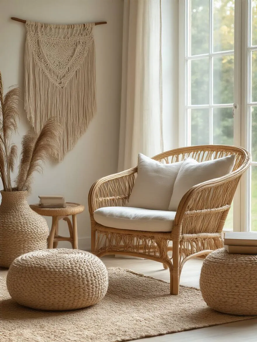 A beautifully styled boho living room featuring woven furniture, including a rattan armchair and jute pouf.