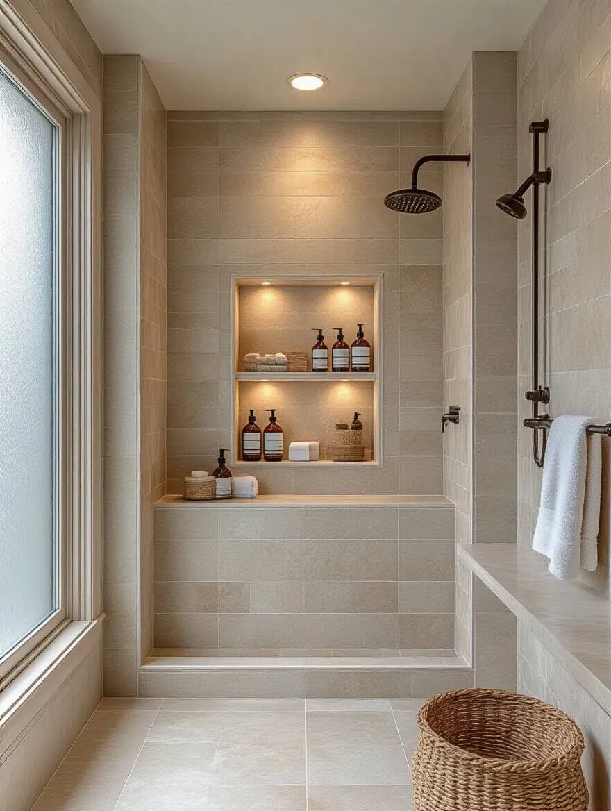 A stylish shower niche integrated into a tiled bathroom wall, showcasing organized toiletries.