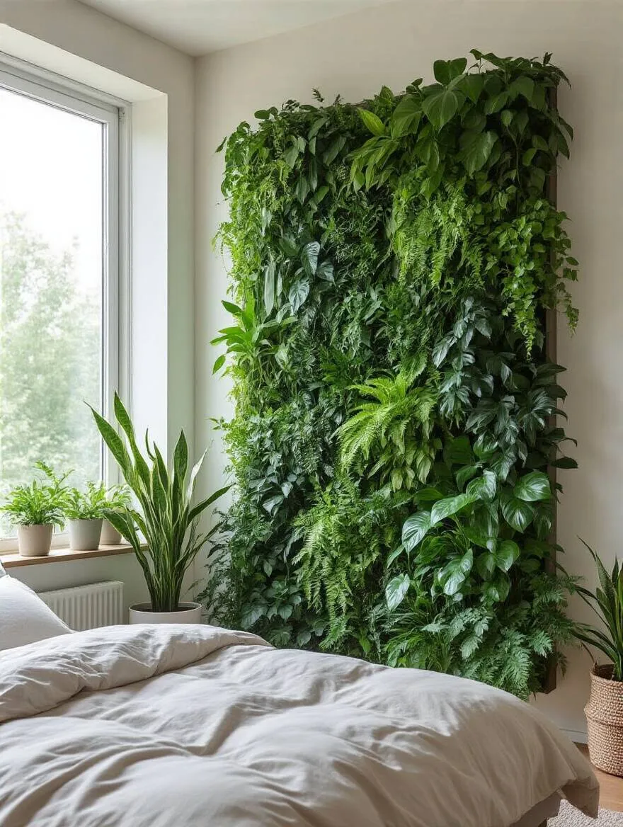 Modern bedroom with a large living wall art installation featuring lush indoor plants and natural light