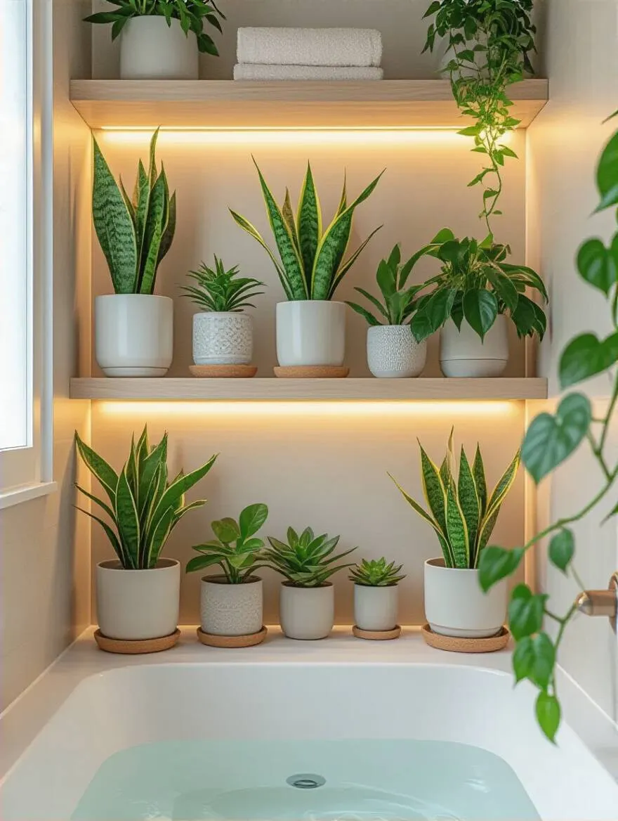 Modern bathroom interior with low-light loving plants like Snake Plant and Pothos in ceramic planters, showcasing natural beauty and freshness