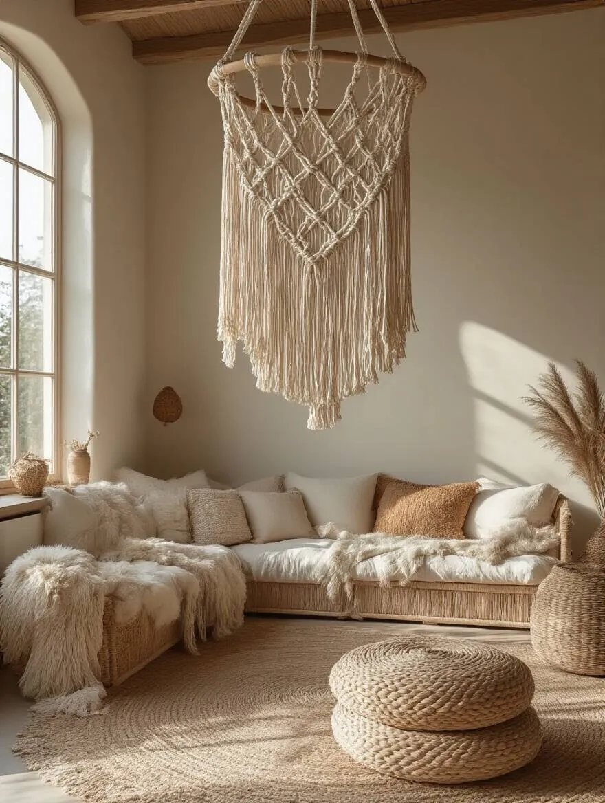 Bohemian living room with macrame hangings as focal point