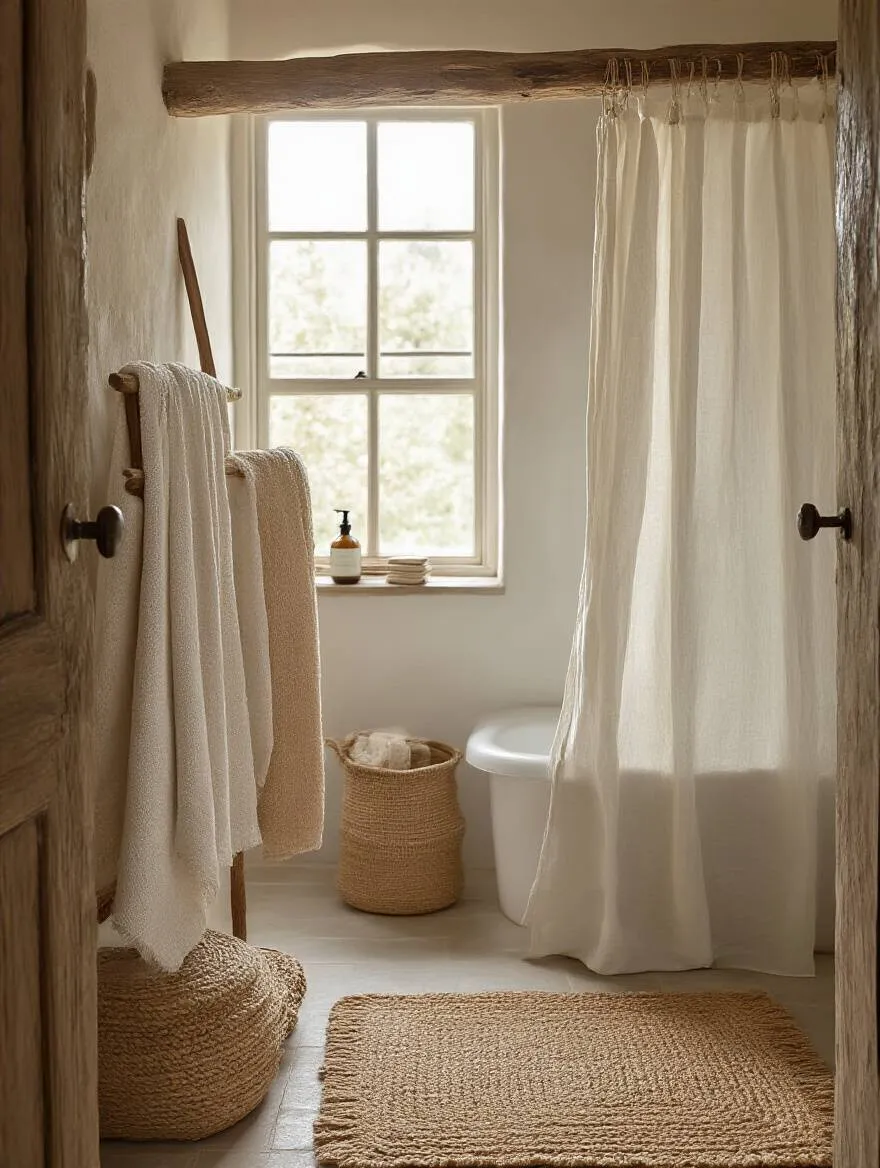 Rustic bathroom featuring organic cotton towels, linen shower curtain, and jute bath mat.