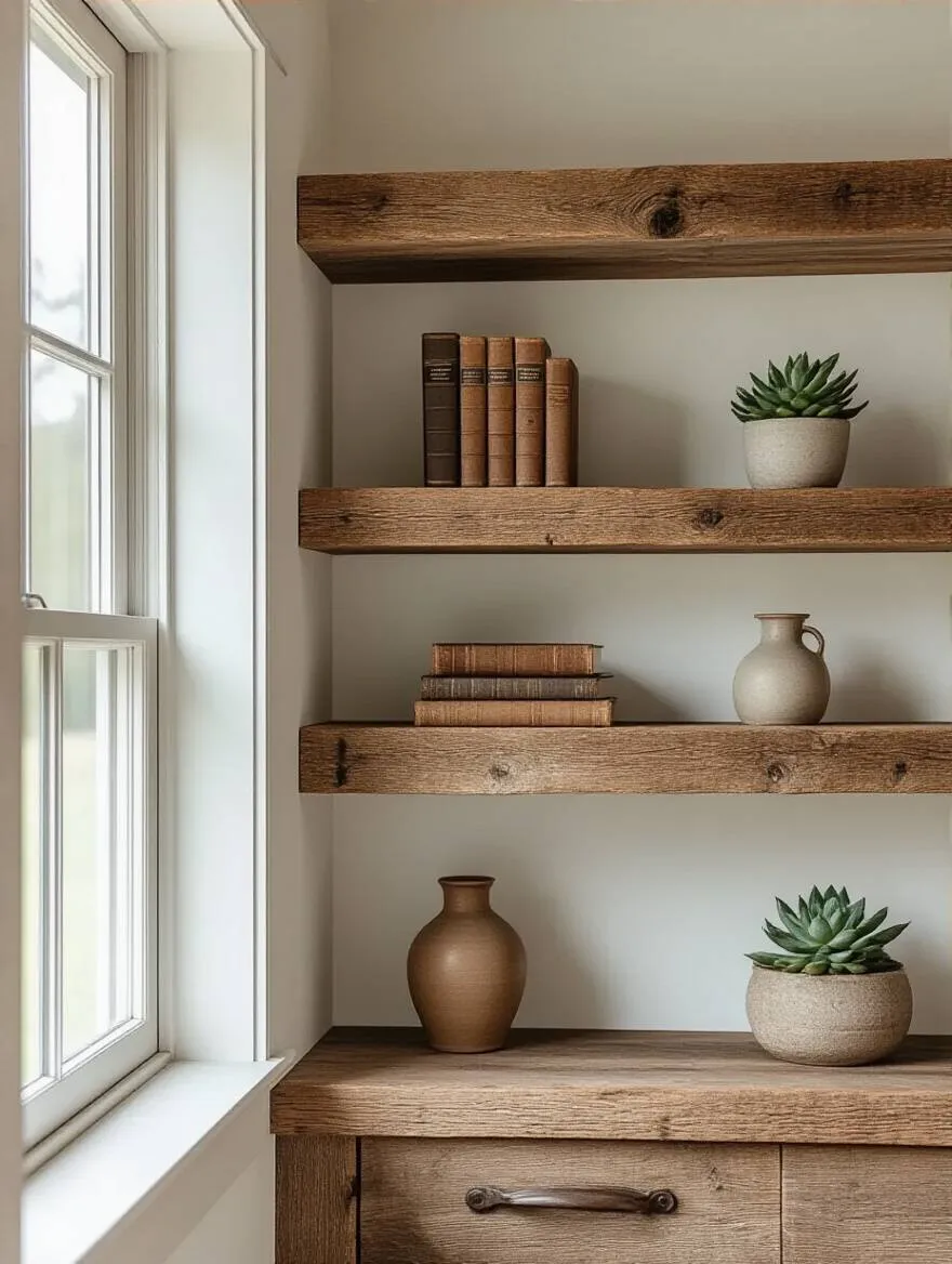 Reclaimed wood shelves mounted on a farmhouse bedroom wall with rustic decor and natural lighting
