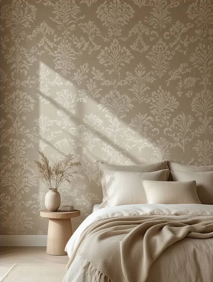 Serene bedroom with textured wallpaper and minimalist decor
