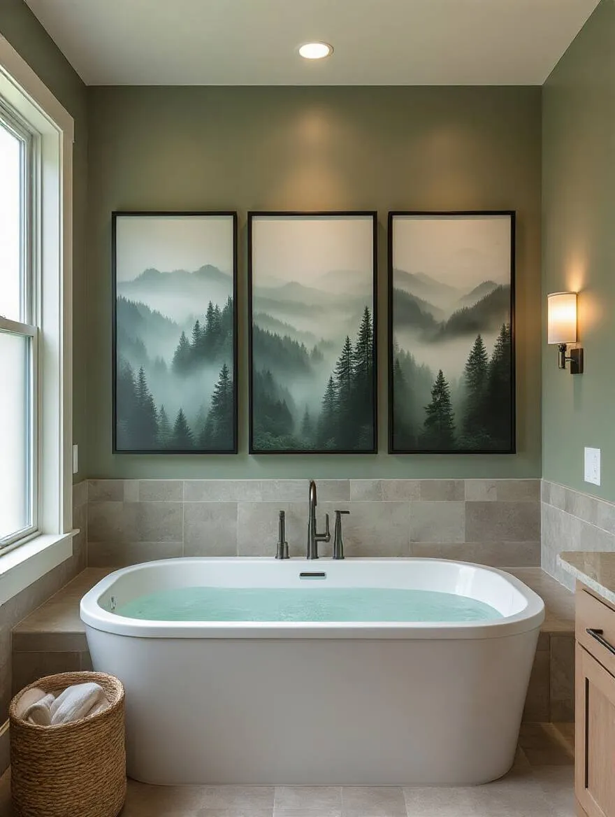 Modern bathroom with themed artwork featuring forest landscapes above a freestanding tub, showcasing personalized bathroom wall decor