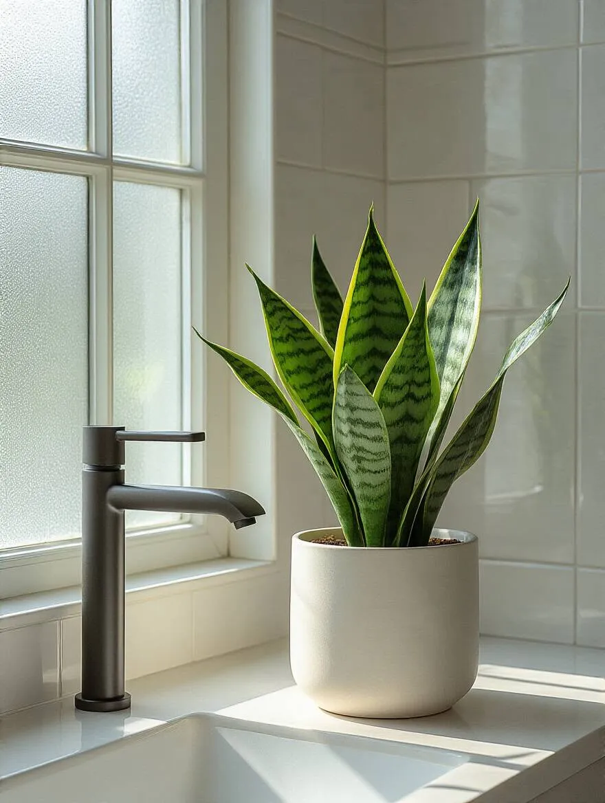 Minimalist bathroom with a single green plant adding softness and life