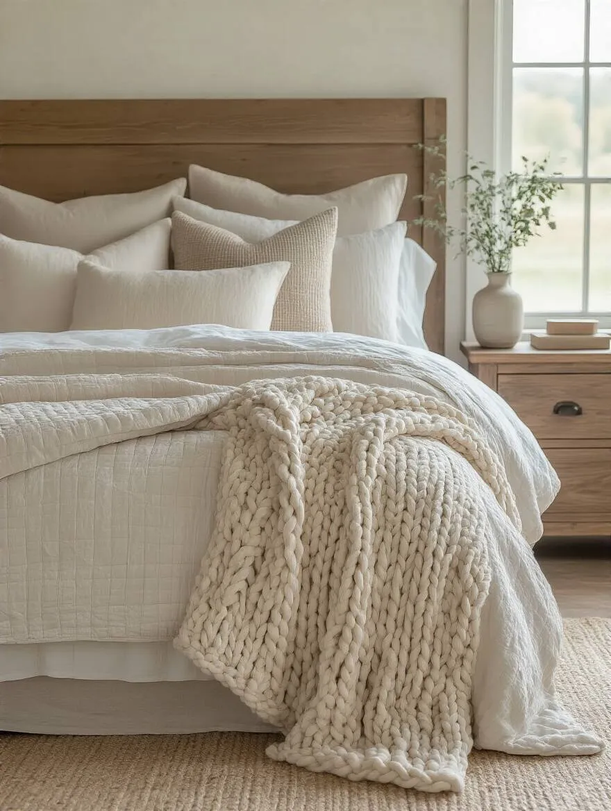 Farmhouse bedroom with layered comfortable bedding featuring natural fiber sheets, quilted coverlet, chunky knit throw, and decorative pillows in soft neutral tones