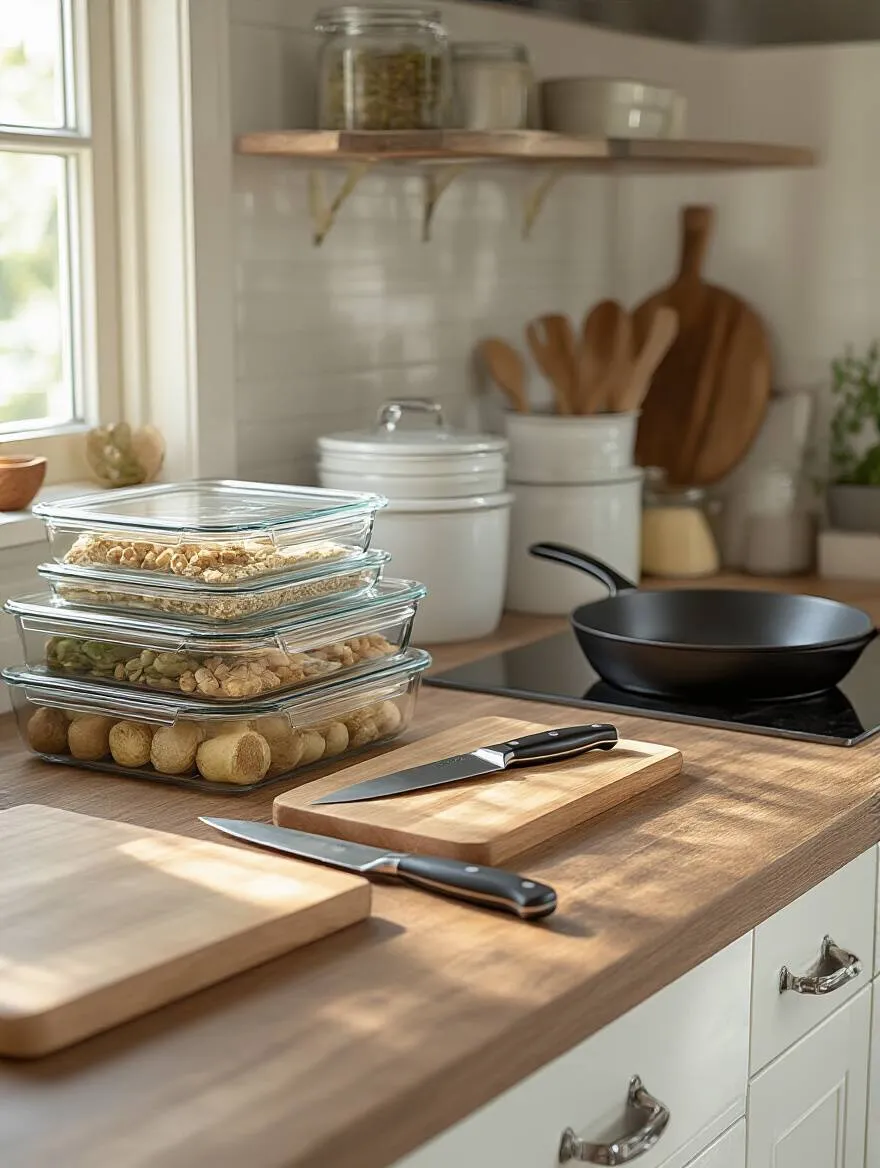 Organized kitchen countertop with high-quality durable kitchen tools and glass storage containers