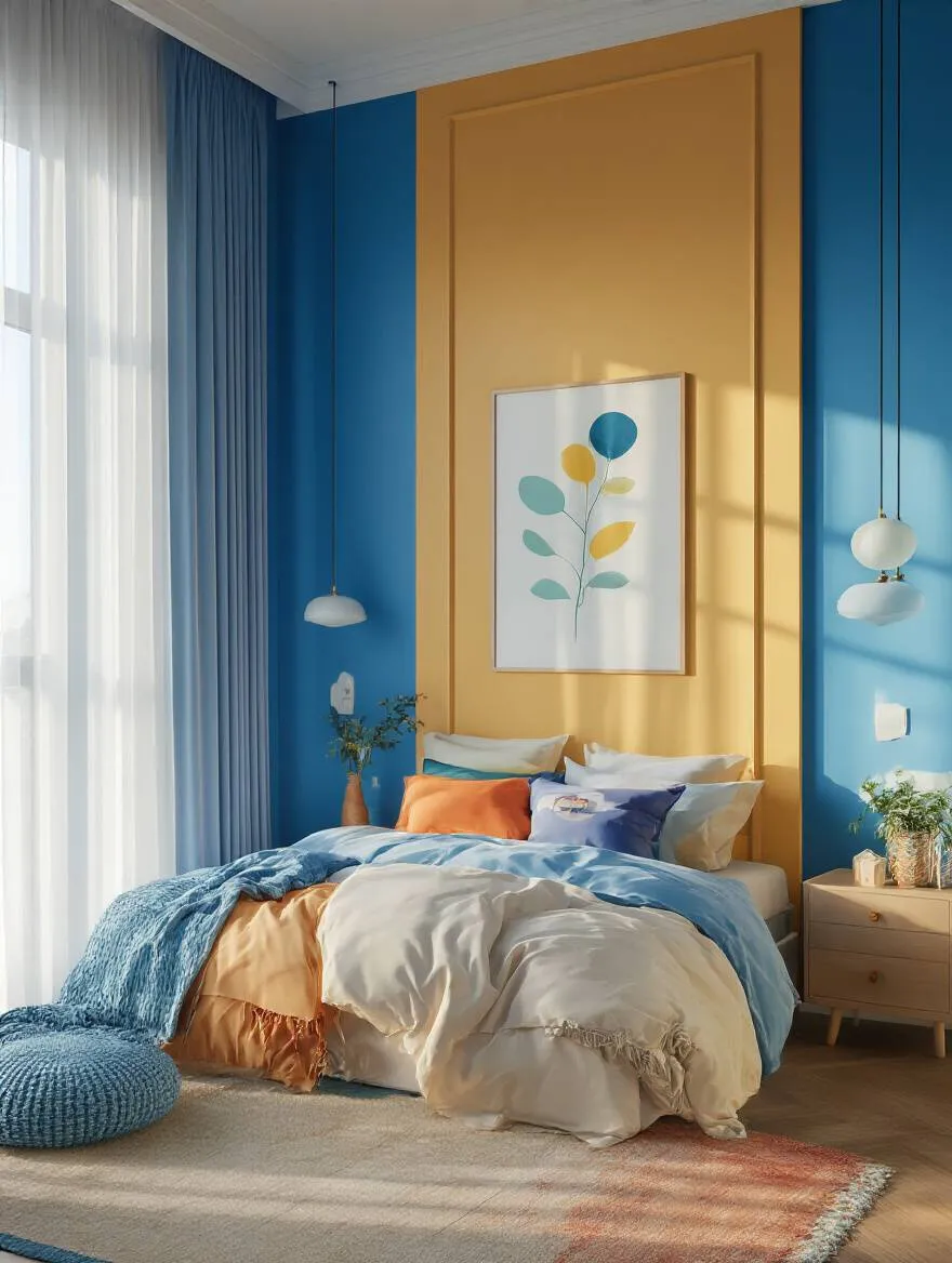 Vibrant bedroom wall colors with smart maintenance techniques illustrated in a serene room setting.