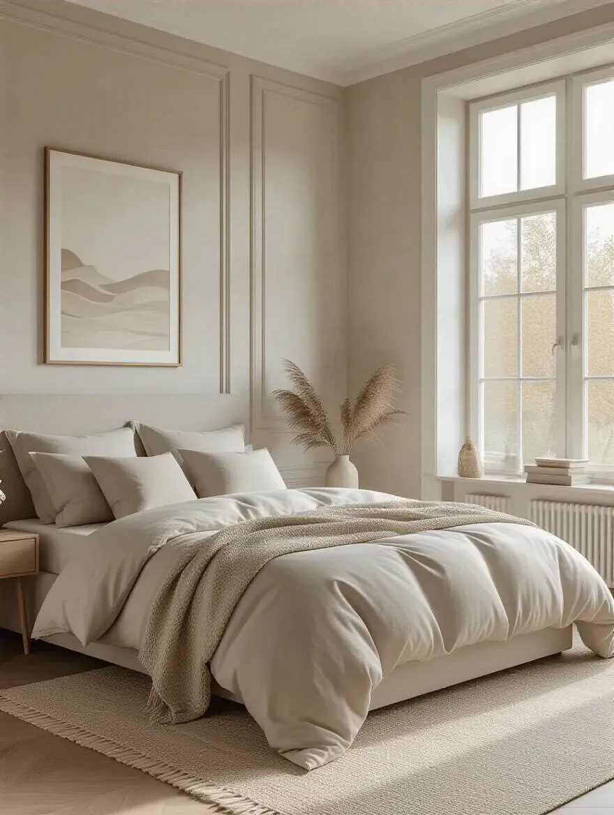 A serene bedroom with soft off-white walls and warm grey undertones, beautifully decorated for a calming ambiance.