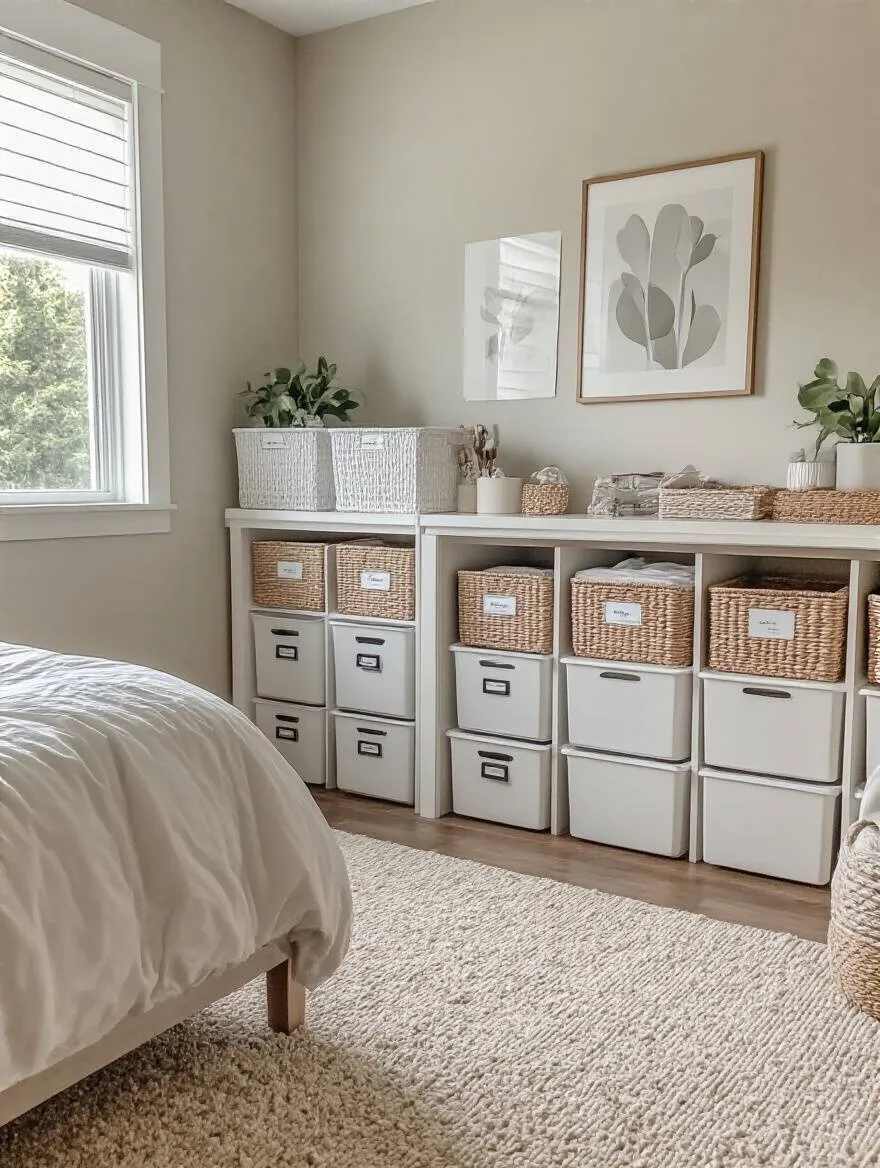 Organized bedroom with labeled bins and drawers