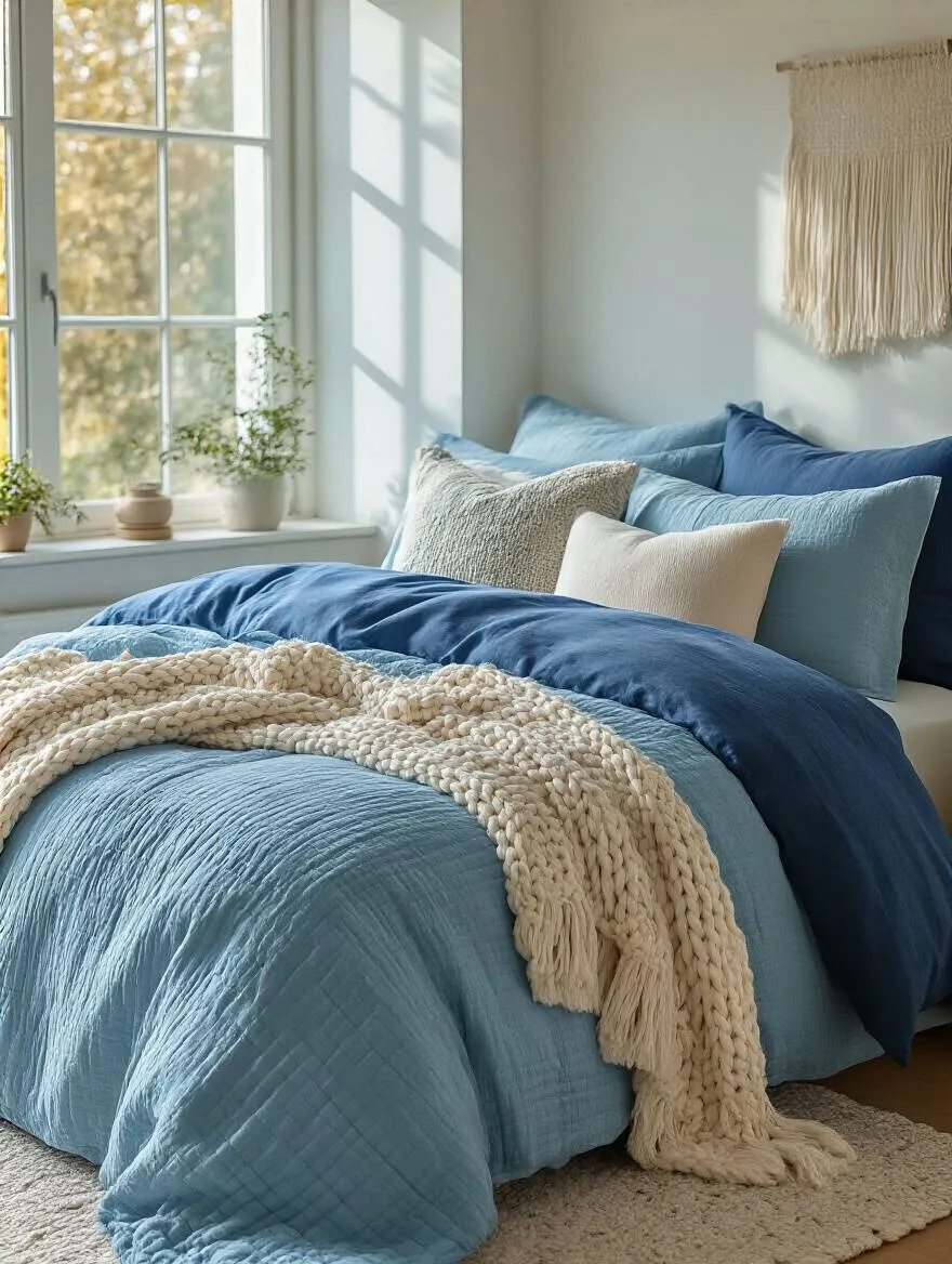 Layered blue bedding in various shades and textures on a cozy bedroom bed creating an inviting plush sanctuary