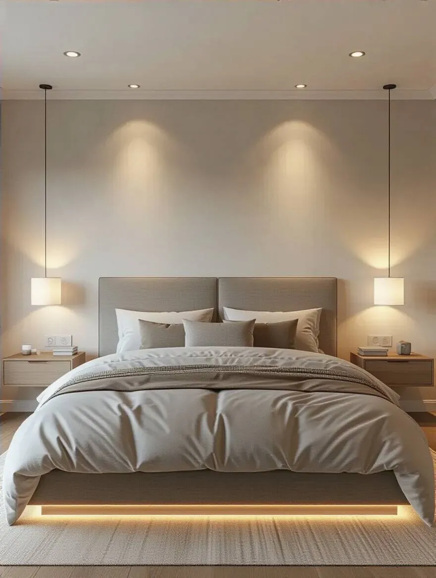Master bedroom showcasing layered ambient, task, and accent lighting with warm cozy tones and modern design