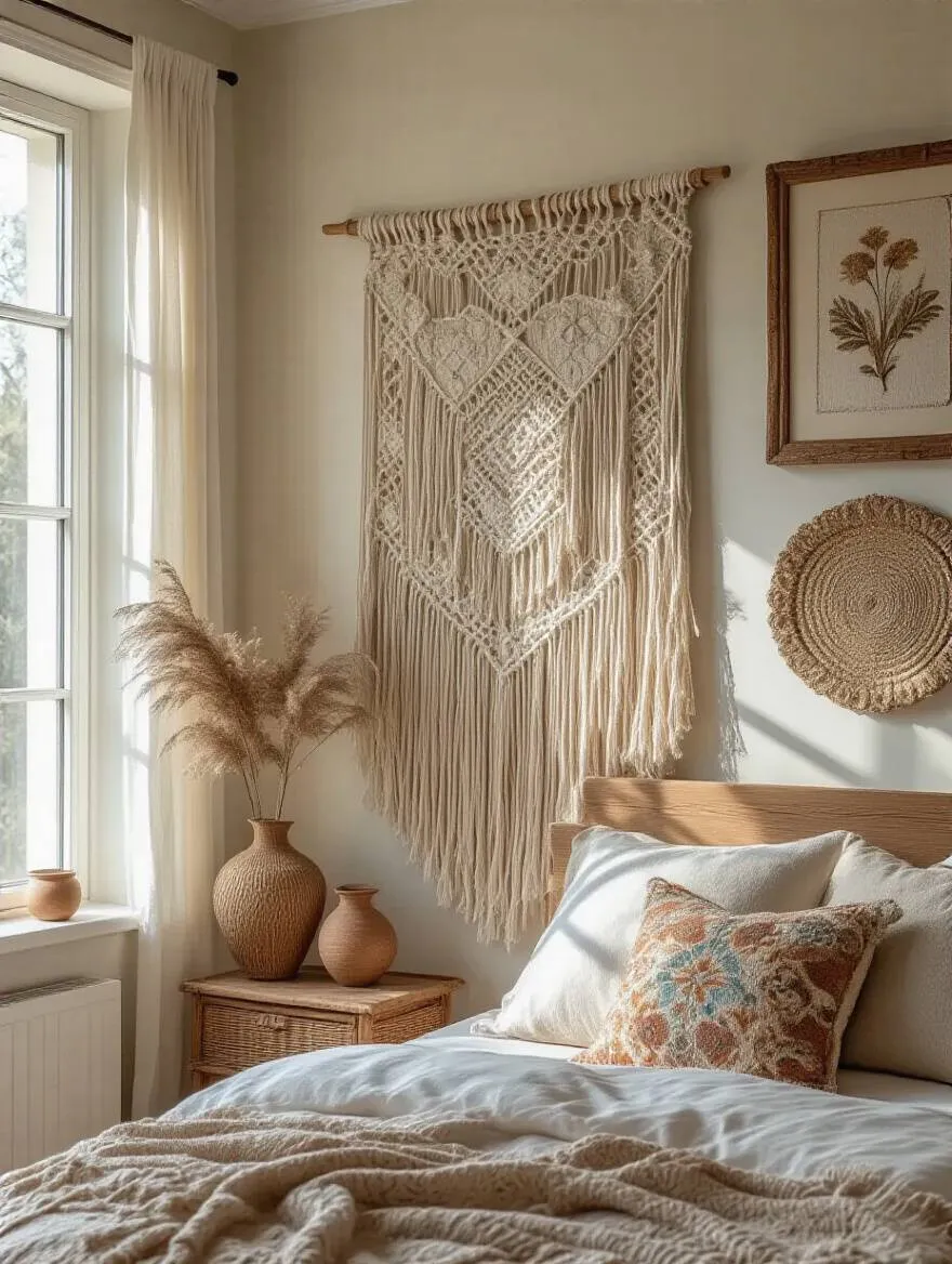 Layered textile and mixed media art on a bedroom wall showcasing diverse textures and warm lighting