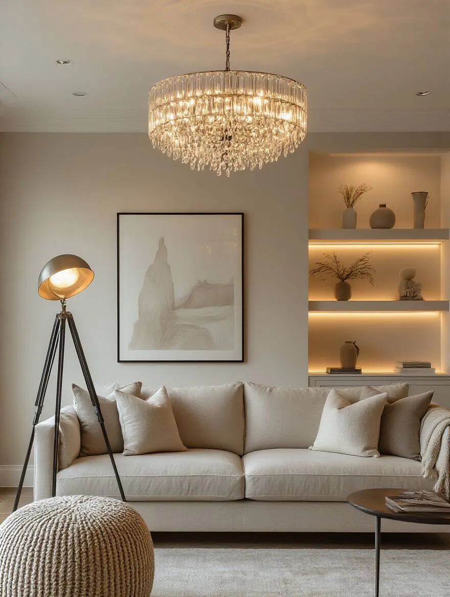 Living room with layered lighting including ambient ceiling lights, floor lamp task lighting, and accent lights highlighting decor