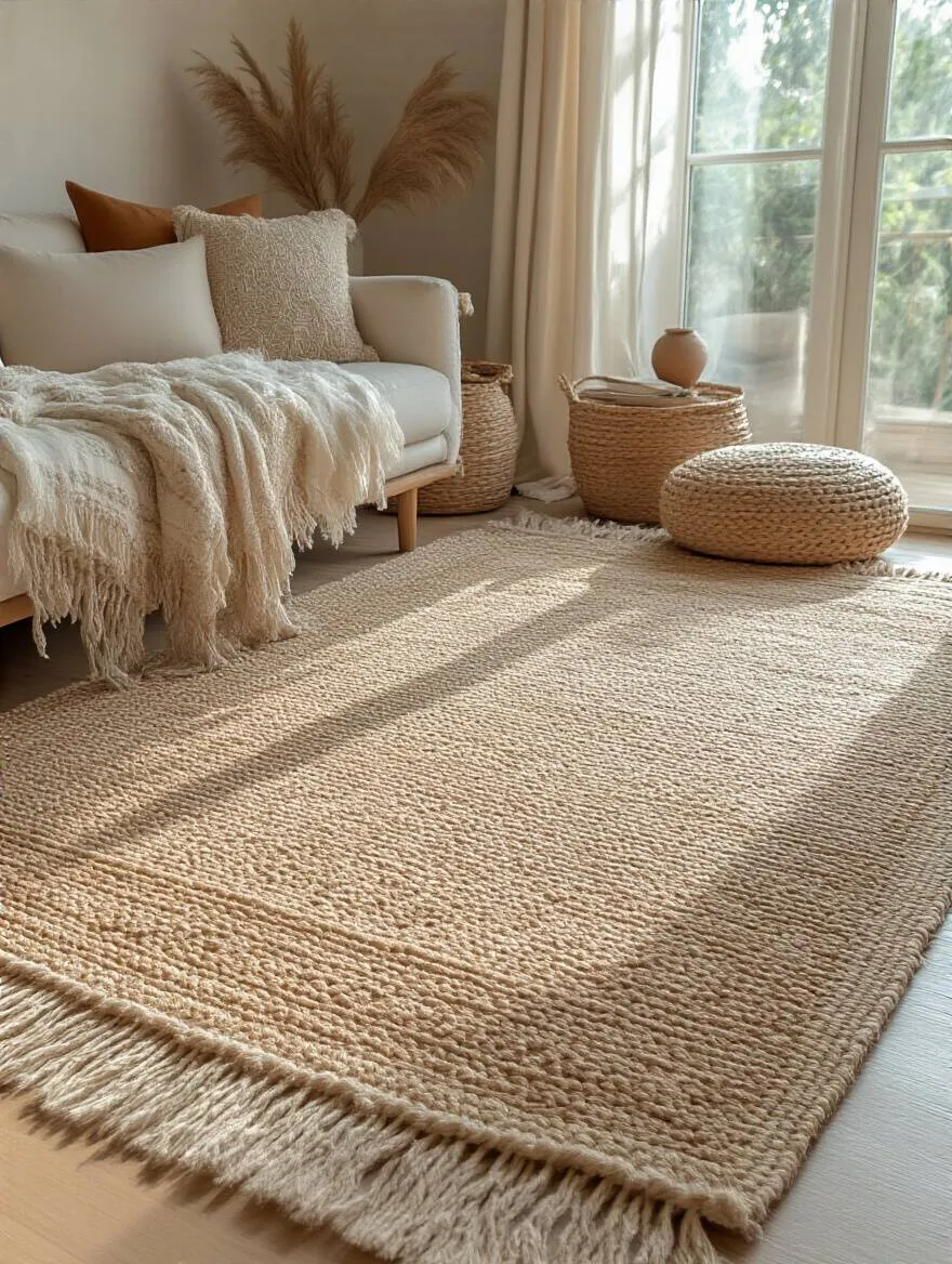 Bohemian living room with layered plush area rugs