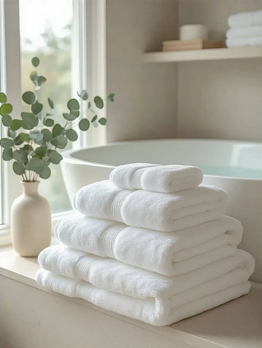 Stacked and rolled plush white towels layered on open shelves in a spa-like bathroom setting with natural lighting