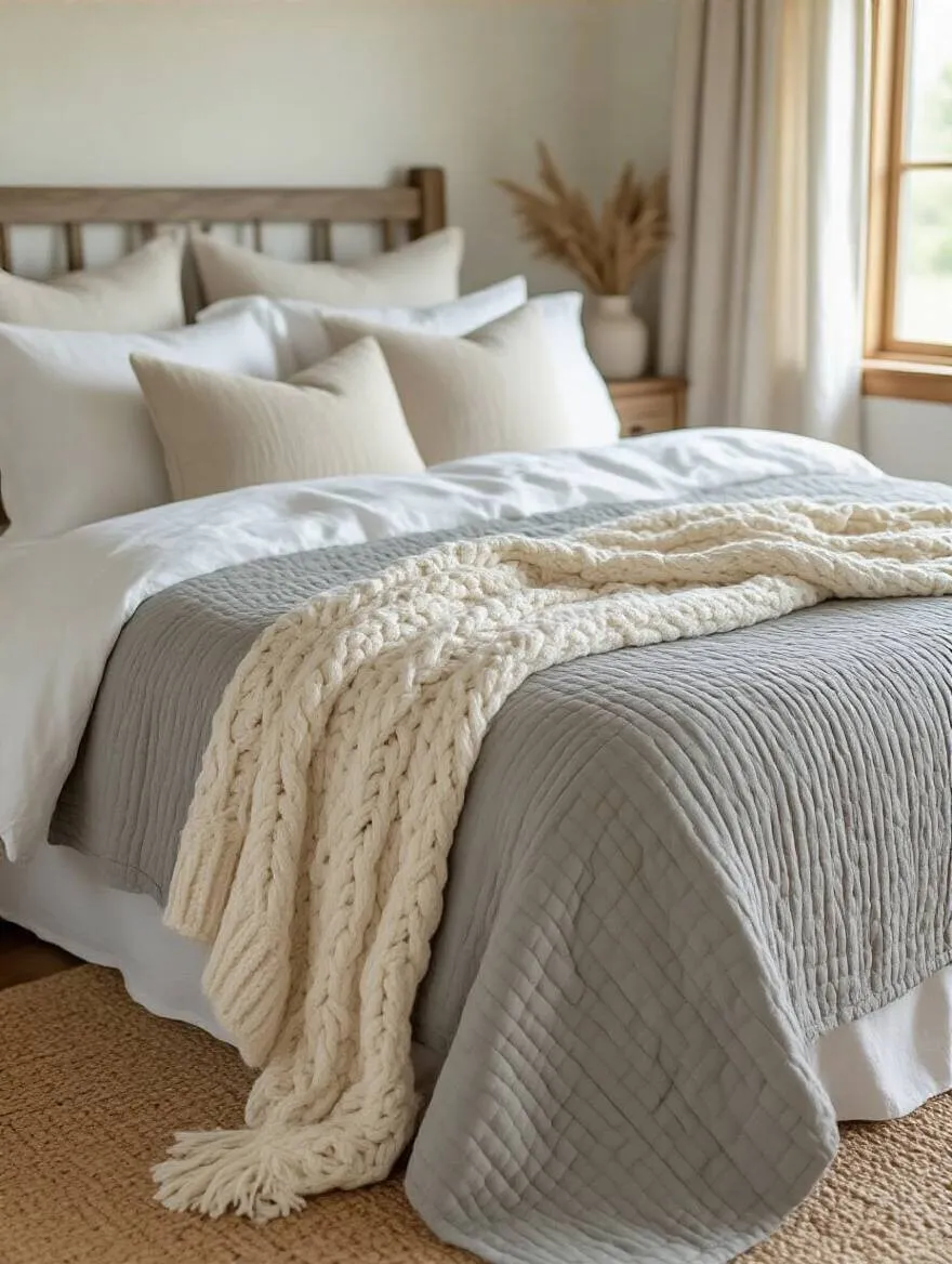 Cozy farmhouse bedroom bed layered with natural textiles including linen sheets, cotton quilt, and chunky knit throw
