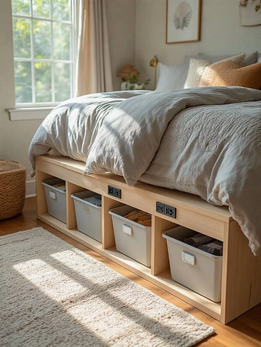 Organized bedroom featuring bed risers with built-in outlets and under-bed storage bins.