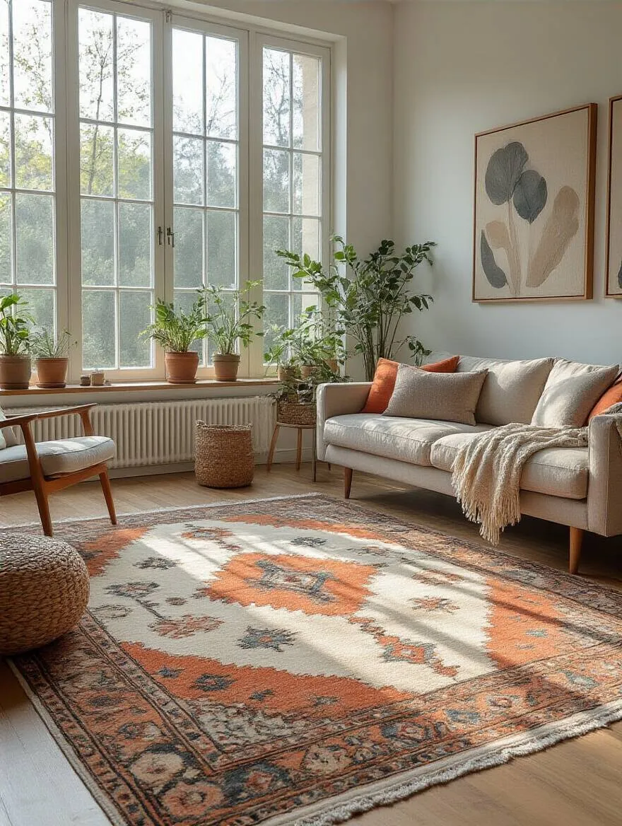 Stylish living room featuring a large artistic area rug as the focal point.