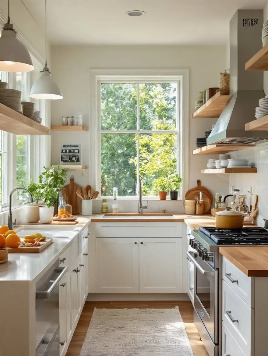Modern kitchen with clearly defined workflow zones showing organized prep, cooking, cleaning, and storage areas