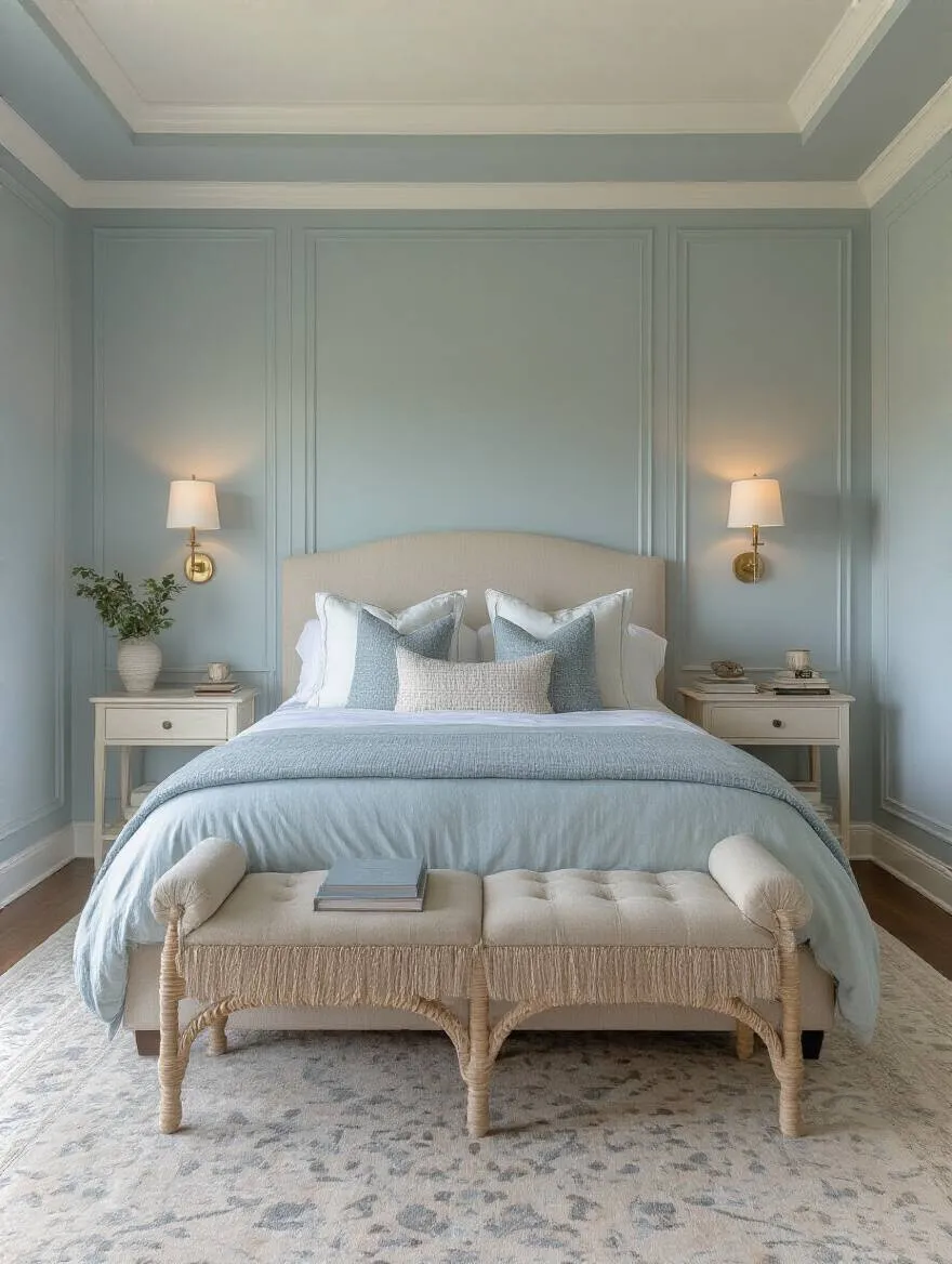 Serene bedroom with coordinated ceiling and trim colors