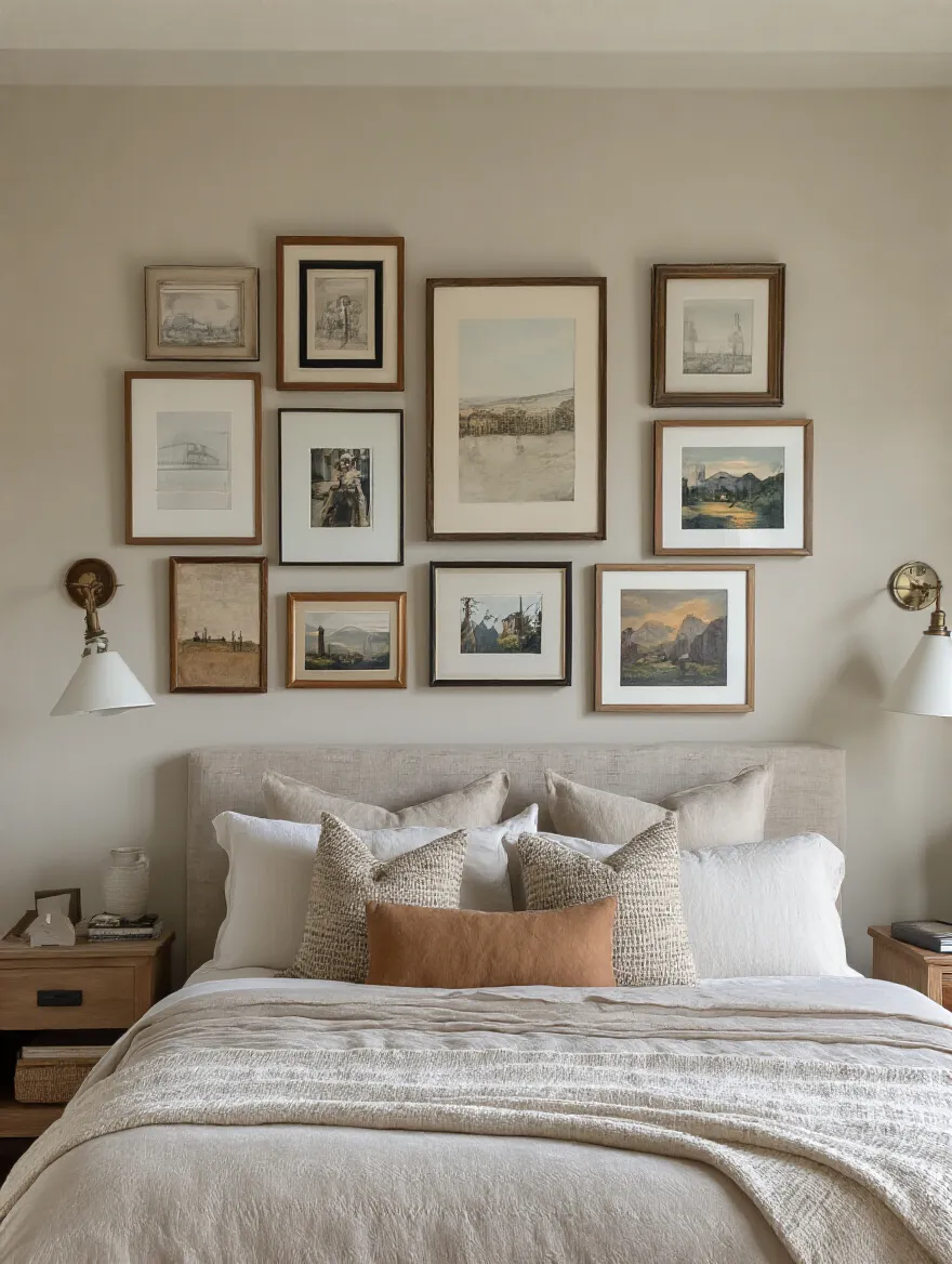 Portrait image of a bedroom featuring a master gallery wall grouping with framed art and photographs arranged cohesively on a neutral wall