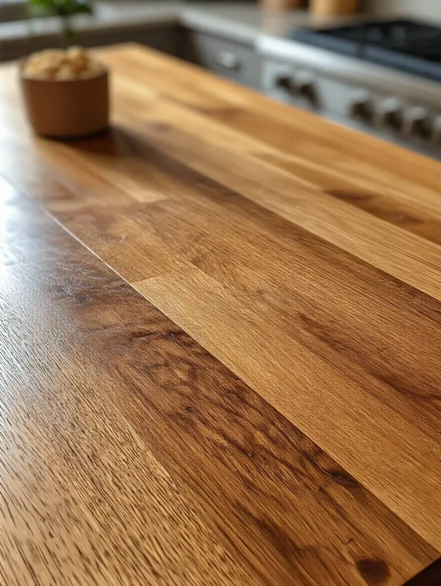 Close-up of polished wood kitchen island surface showing safe stain removal with no damage to finish