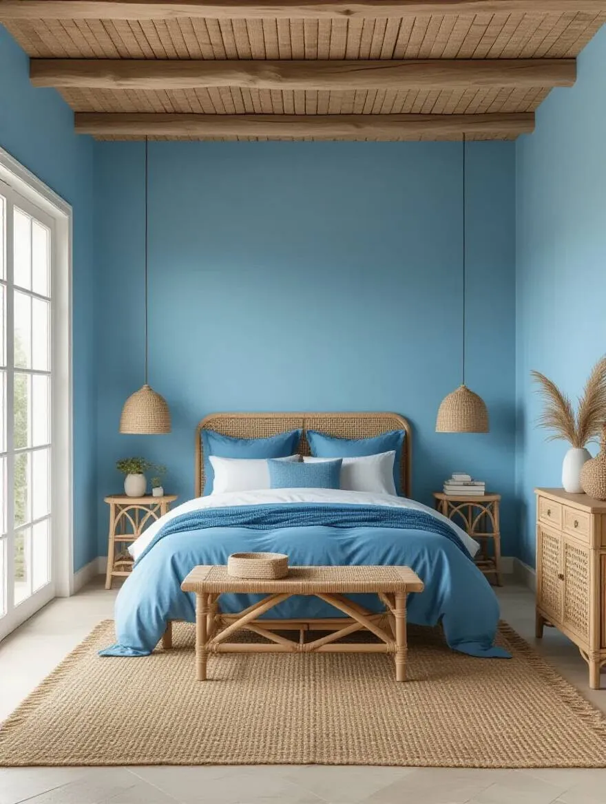 Mediterranean blue bedroom with azure walls, cerulean bedding, and natural coastal textures in a sunlit serene space
