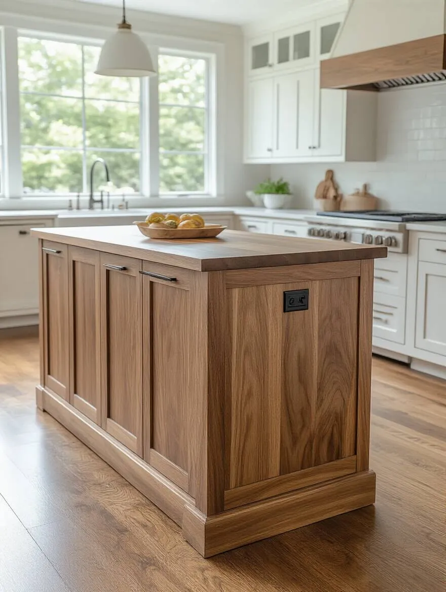 Wood kitchen island matching wood species and style harmonizing with white oak cabinets and dark oak flooring in a bright modern kitchen