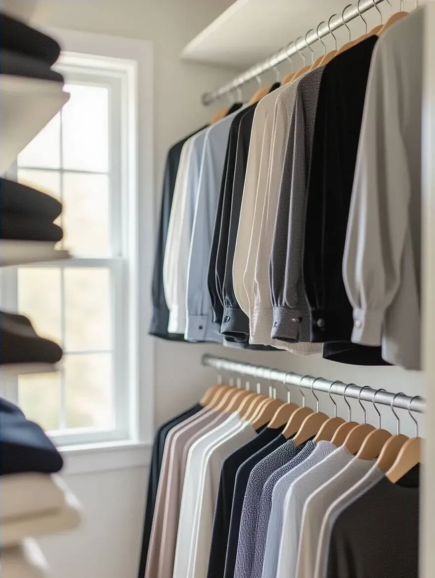 Organized closet with cascading hangers and slim velvet options, showcasing vertical space optimization.