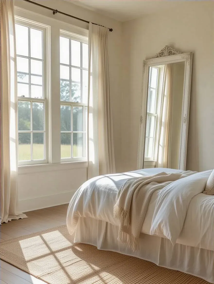 Bright farmhouse bedroom with large windows, sheer curtains, and light-colored walls maximizing natural light and airflow