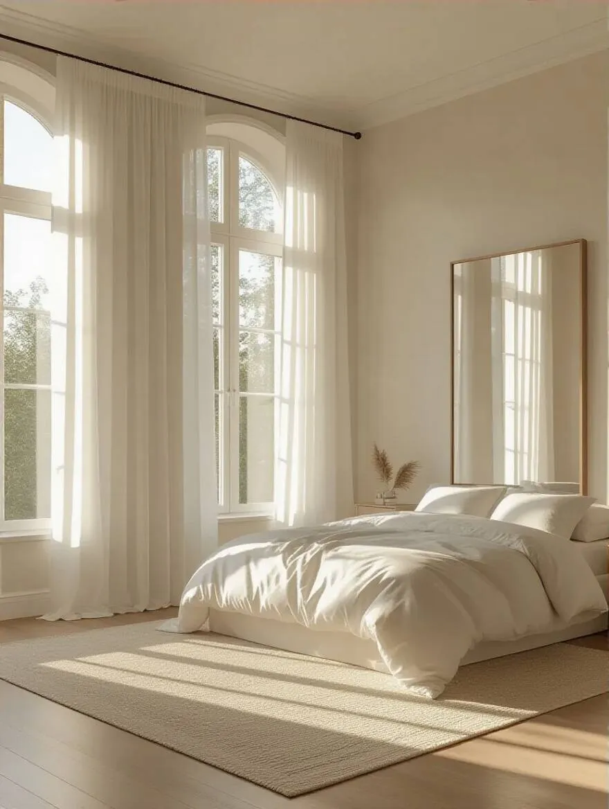Master bedroom interior filled with natural daylight, sheer curtains, large windows, and reflective surfaces for enhanced brightness